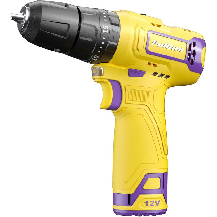 Акумуляторний ударний дриль-шуруповерт PULITUO 12V, комплект, металевий патрон 3/8', 21+1+1 ступінь крутного моменту, LED-ліхтар, 35 Нм, акумулятор 1300 mAh