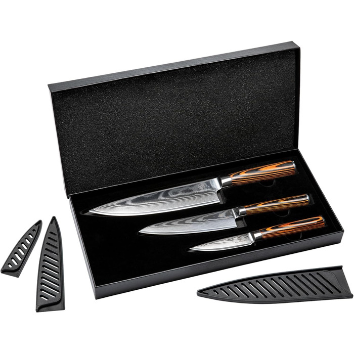 Набір кухонних ножів Wolfblood Damast 3 шт (32/26/20 см) з дамаської сталі 67 шарів, твердість 62 HRC, сертифіковано TÜV + чохол та подарункова коробка