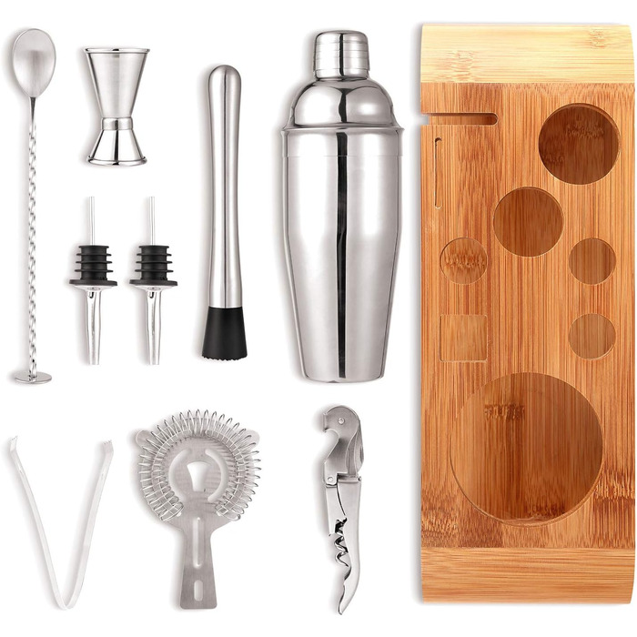 Набір бармена Wa-Very з бамбуковим підставкою (10 предметів), шейкер для Мартіні та аксесуари, з нержавіючої сталі