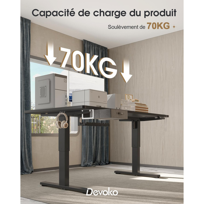 Devoko Height Adjustable Standing Desk 160x80cm with Drawers, USB Charging Port, Cable Management Tray, and Memory Function - White