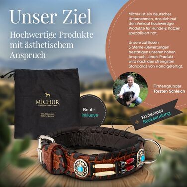 Ошийник для собак MICHUR Carlota, шкіряний, коричневий, з бірюзовими каменями, різні розміри (24-28,5 см)