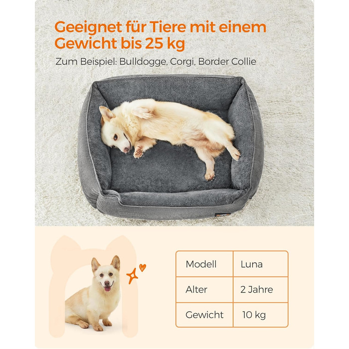 Ліжко для собак Feandrea, м'який лежак для собак з льоновим покриттям, кошик для собак, підняті бортики, неслизьке дно, знімний та пральний чохол, L, для середніх собак, 90 x 75 x 25 см, світло-сірий