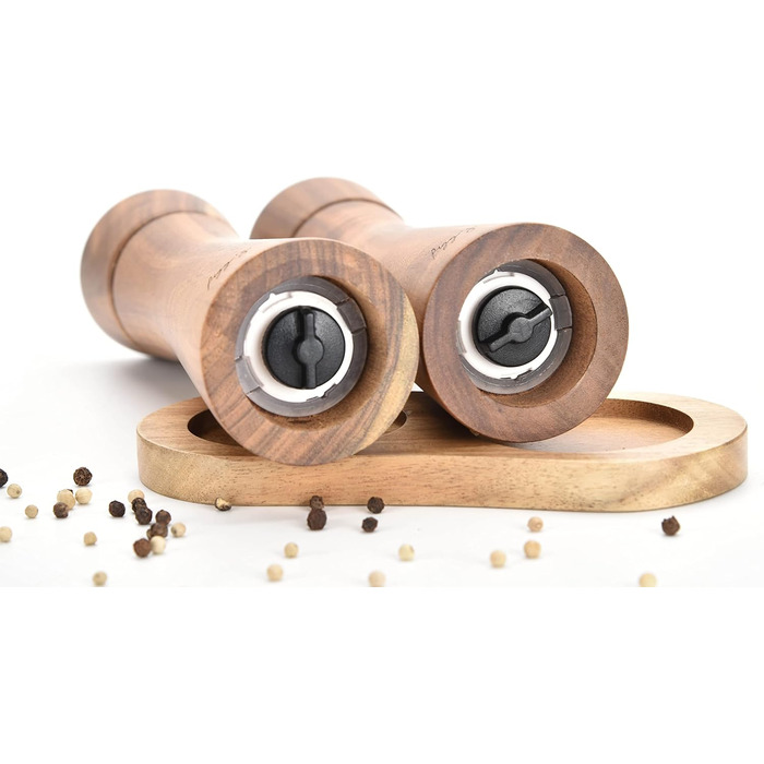 figg Salt and Pepper Grinder Wood Large (20 cm) - Set - Spice Grinder with Ceramic Grinder including Wooden Spoon and Wooden Coaster - Suitable as Pepper and Salt Grinder