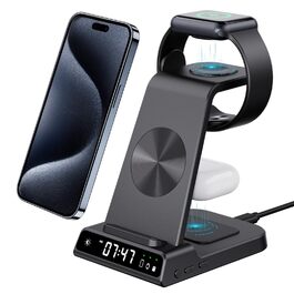 Зарядна станція 3-в-1 для Apple Watch та iPhone: Бездротовий зарядний пристрій з цифровим годинником, сумісний з iPhone 17/16/15/14/13 та iWatch 10/9/8/7/6/SE, AirPods 4/3 - Чорний