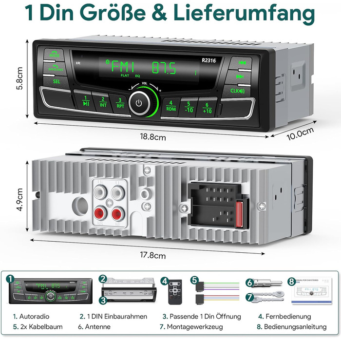 Автомобільна магнітола Wistrue 1DIN з Bluetooth, RDS, FM/AM, USB, AUX, SD, MP3, підсвічування 7 кольорів, для iOS та Android