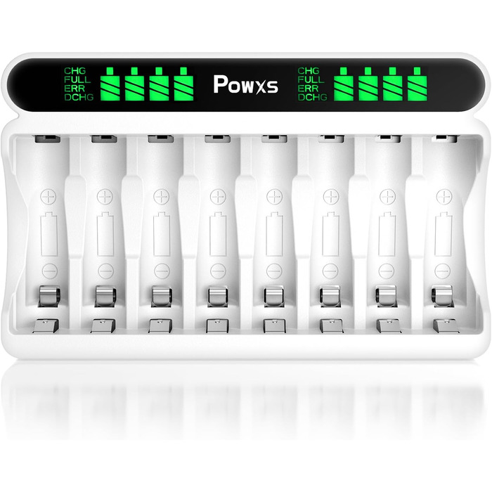 Зарядний пристрій POWXS для акумуляторів NI-MH NI-CD AA/AAA, 8 слотів, LCD дисплей, швидка зарядка Micro USB/Type-C