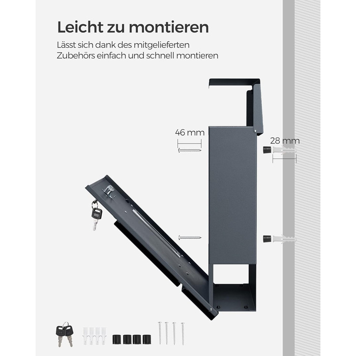 Поштовий ящик SONGMICS з персоналізованим гравіюванням, номерний знак, сучасний антрацитово-сріблястий, з замком та вікном для газет
