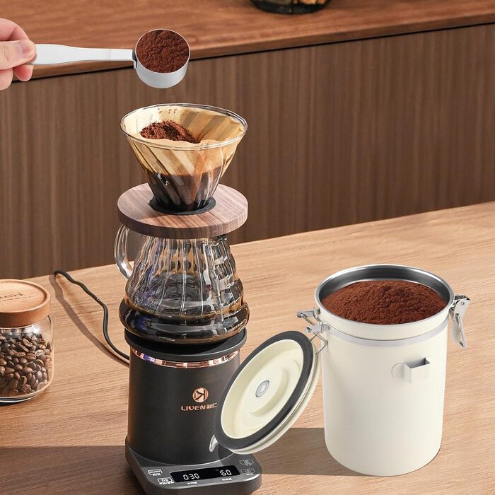 Герметичний контейнер для кави 1.8L з нержавіючої сталі 304 з датою розкриття та мірною ложкою для кави, зерен, чаю, борошна, зерна та цукру (білий)