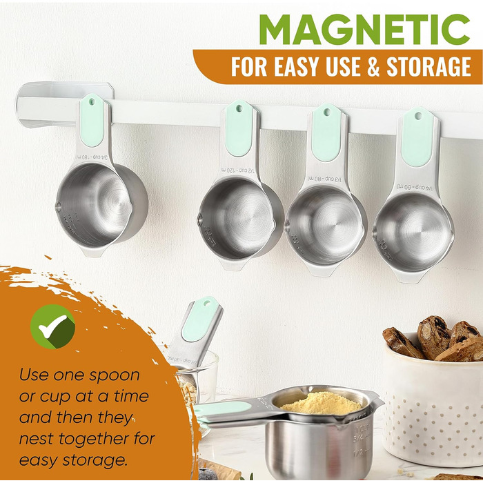 Measuring cups and spoons, magnetic, mint green, 15 pieces
