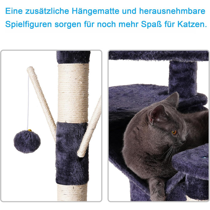 Великий котячий будиночок Kratzbaum, 180 см XXL, стабільний з мотузкою з сизалю, велика царапальня, кошик, 3 платформи та 2 будиночки, сірий, EMPJ034G