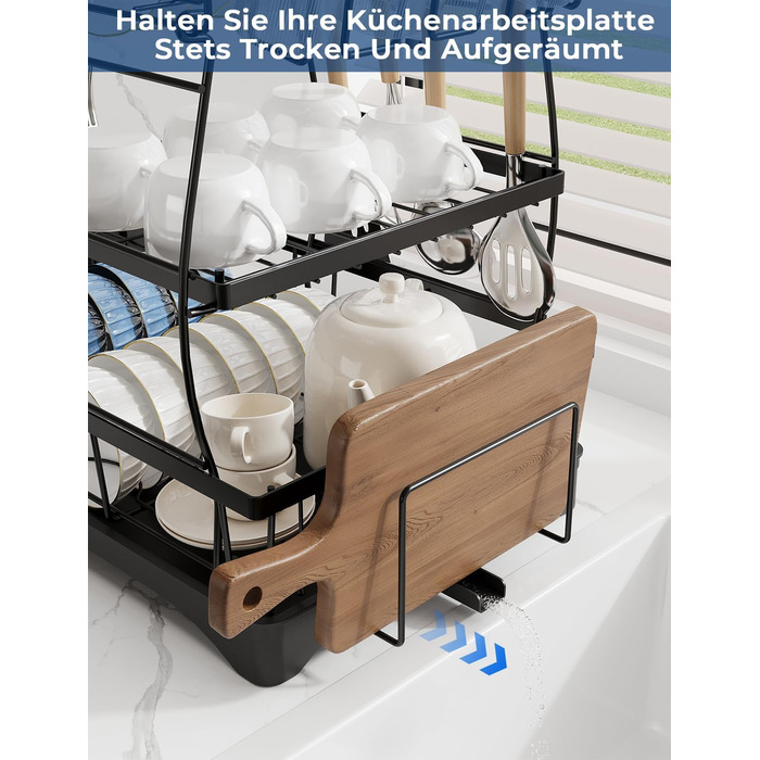 Сушарка для посуду Yissvic з нержавіючої сталі, 3-рівнева, з піддоном, тримачем для ножів та дощечкою для нарізання, поворотним виливом, чорна