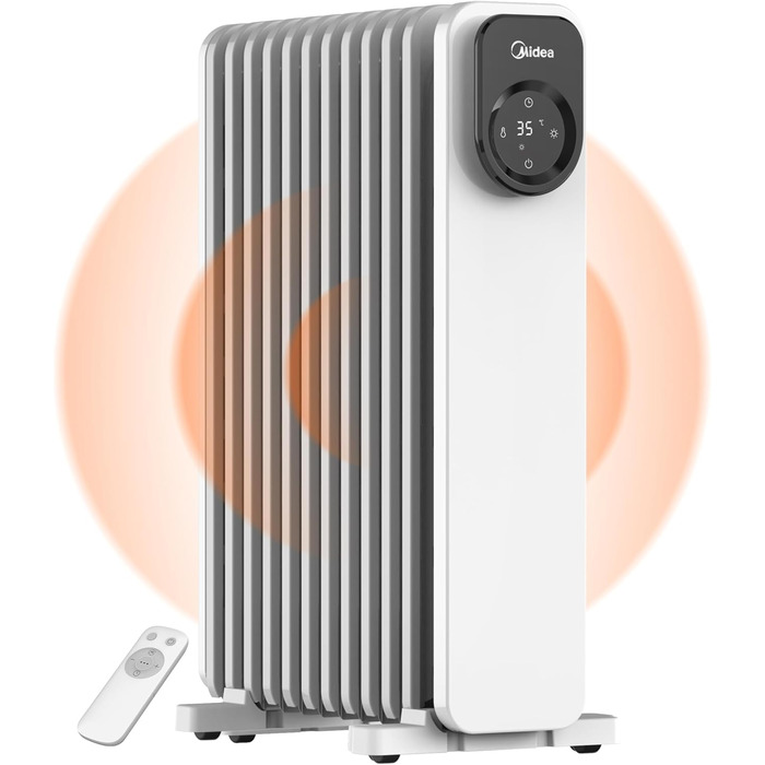 Масляний радіатор Midea NY2311-24UR, 2300 Вт, 11 секцій, електричний обігрівач з термостатом, LED-дисплеєм, дистанційним керуванням, захистом від перегріву, 4 режими роботи, тихий