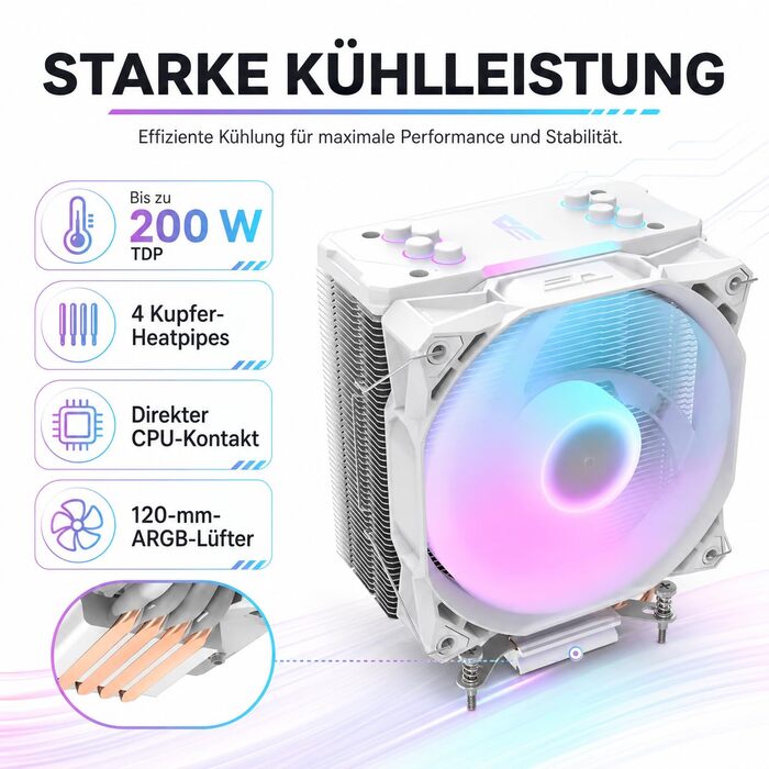 Кулер для процесора darkFlash Z4Pro Mist, 120 мм, TDP 200W, 4 теплові трубки, ARGB PWM, білий (Intel LGA115x/12xx/17xx, AMD AM4/AM5)