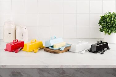 Ceramic Butter Dish Set with Lid and Knife – Black – Decorative Butter Crock Holder for 1 Butter – Microwave Safe, Dishwasher Safe – Includes Scratch-Free Stickers