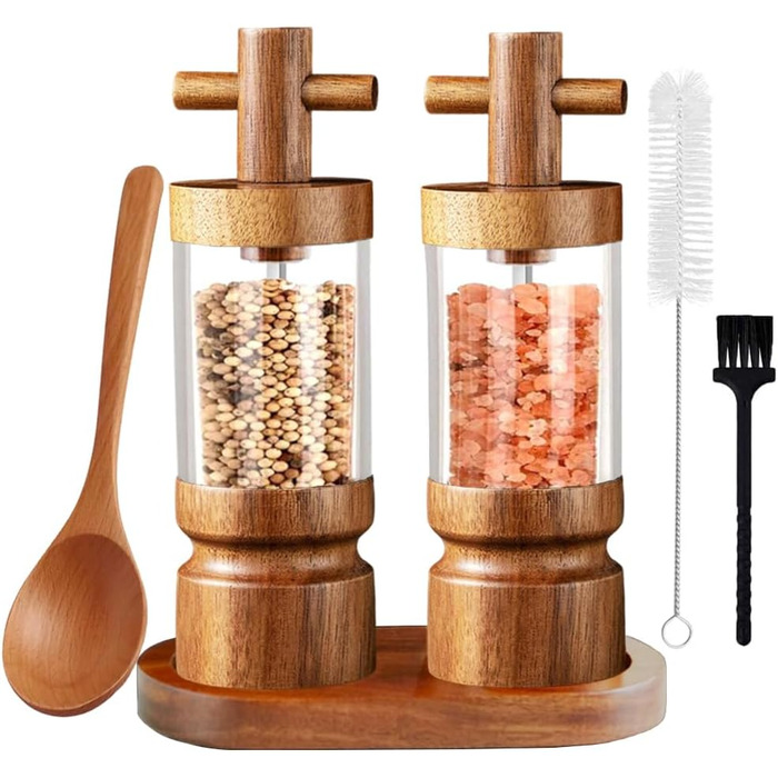 Auciej Pepper Grinder Wooden Salt Grinder Manual Spice Grinder Set with Adjustable Ceramic Grinder, Salt and Pepper Grinder with Coaster for Spices, Pepper, Salt, 2-Piece Set, Height: 18 cm