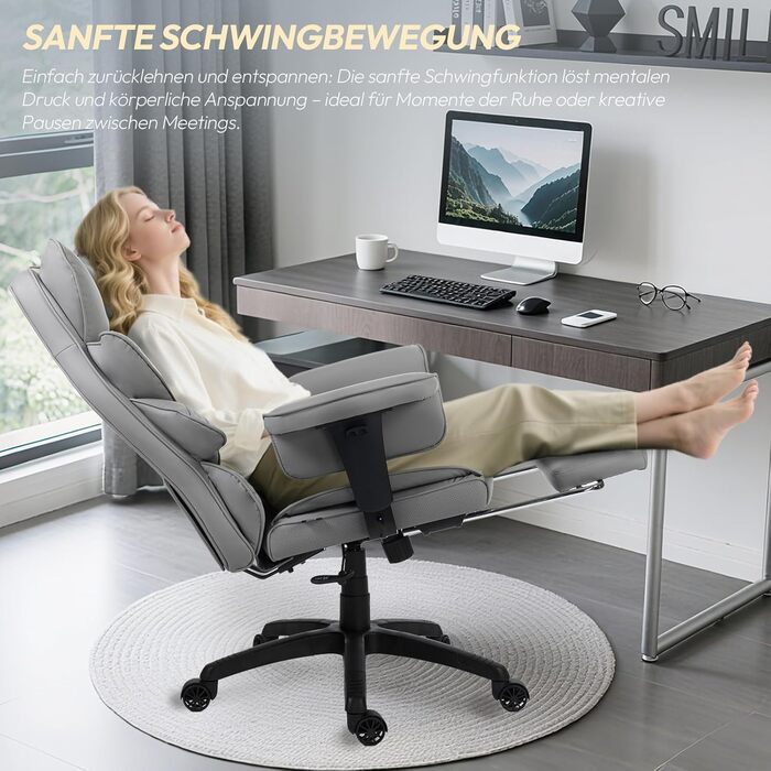 Ігровий крісло Dowinx, ергономічний офісний крісло з кишеньковим пружинним подушками, крісло для начальника з двошаровою м'якою спинкою та регульованою поперековою подушкою, підлокітниками та підставкою для ніг, комп'ютерне крісло, PU, сірий