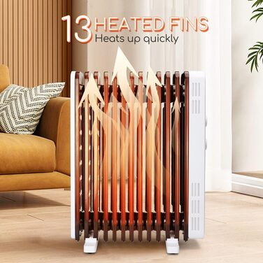 Електричний масляний радіатор Aigostar 2500W з термостатом, 13 ребер, 30м², 3 режими, захист від перекидання та перегріву