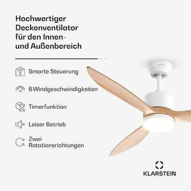 Стельовий вентилятор Klarstein SkyBreeze з підсвічуванням та керуванням для вулиці (IP44), 6 швидкостей, димування, 132 см, колір клен, Smart