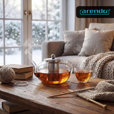 Скляний чайник Arendo з ситечком з нержавіючої сталі, боросиликатне скло, 1200 мл, термостійкий для листового, трав'яного та фруктового чаю