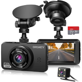 Відеореєстратор ORSKEY з двома об'єктивами: передній та задній, 1080P Full HD, 32GB SD-карта, 170° кут огляду, Loop-запис, G-сенсор, LCD-дисплей