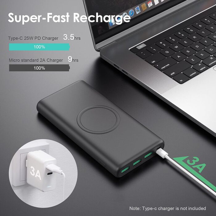 Портативний зарядний пристрій Powerbank 26800mAh з бездротовою зарядкою 25W PD3.0+QC4.0, 15W, 4 виходи USB-C, LCD дисплей, чорний (Q5)