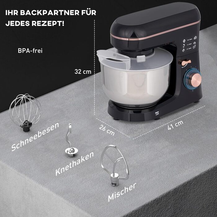 Кухонна машина HOMCOM 1400W з чашею 5.5л з нержавіючої сталі, 6 швидкостей, міксер для тіста та приготування їжі