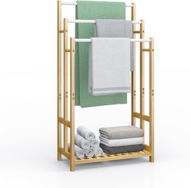 Підставка для рушників Dripex з бамбука, 96 см, з 3 нержавіючими стійками та полицею для ванної кімнати