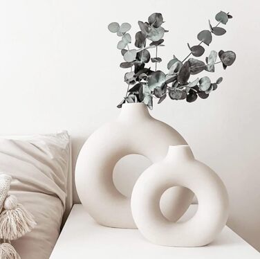 Ceramic Vase Set for Pampas Grass - 2pcs (Large & Medium), Modern Matte Donut Vases for Home Decor, Flowers, Table, Shelf, Fireplace, Living Room, Bedroom, Office, Wedding, Party, Gift - White