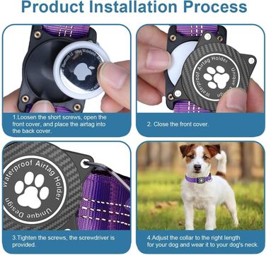 Світловідбиваючий нашийник для Apple AirTag для собак, регульований, водонепроникний, для малих, середніх та великих собак, L (32-43.5 см), фіолетовий