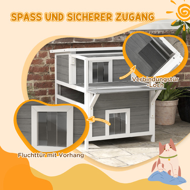 PawHut Cat Cave, Pine Wood Cat House, Cat House with Balcony, Entrances, for Cats up to 5 kg, Outdoor, 64 x 87 x 76 cm, Light Gray | Aosom