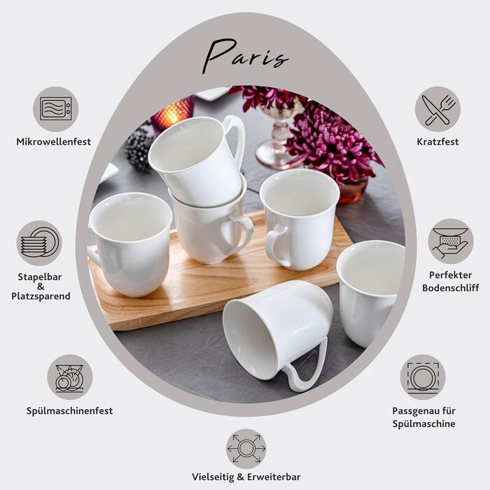 Sänger | Paris Mug Set - 6 Piece Mug Set for 6 People Made of Porcelain, Teacup with Handle for Everyday Use, Cup Set 330 ml Expandable | PREMIUM COLLECTION