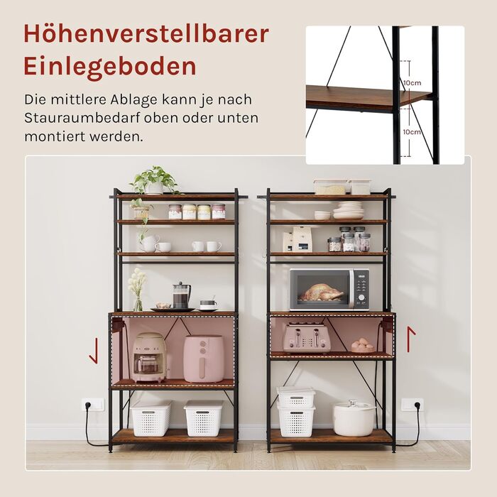 Кухонна полиця WOLTU з 6 ярусами, з розетками, для мікрохвильової печі, з металевим каркасом, регульовані полиці, Чорний+Рустик Браун, 60 x 167 x 40 см (Чорний+Вінтаж Браун, 80 x 39,5 x 167 см)