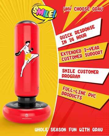 Дитячий боксерський мішок QPAU з рукавичками, 168 см, стабільний надувний боксерський мішок для дітей 6-12 років, подарунок для хлопчиків та дівчаток (Червоний)