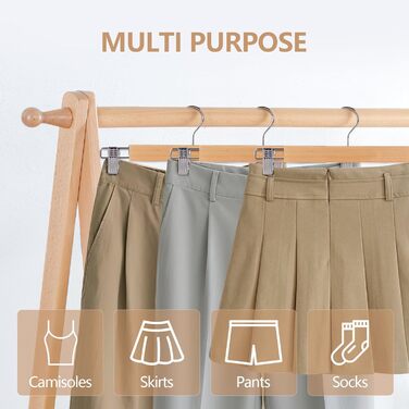 10 дерев'яних вішалок для одягу 35 см, міцні вішалки для штанів, з поворотним гачком 360°, металеві вішалки для одягу, економія місця, з антиковзними кліпсами для штанів, шкарпеток, спідниць (колір дерева)