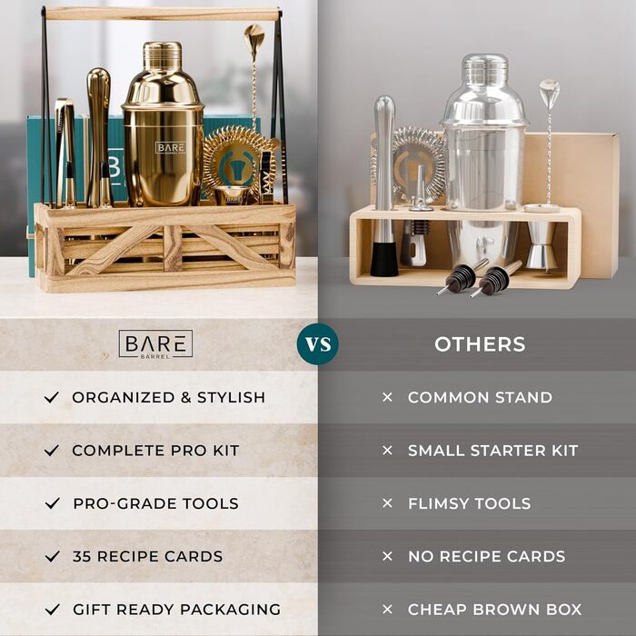 Набір бармена для приготування коктейлів, 12 предметів: шейкер, інструменти, підставка, рецепти. Преміум якість, подарунковий набір для дому (Золотий, 680 мл)