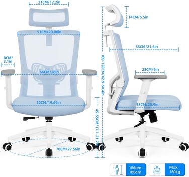 Ергономічне крісло Daccormax для офісу: регульована підголовник, підлокітники, підтримка попереку, поворотний механізм, функція гойдання, дихаюча сітка, для спини, до 150 кг (Блакитний)
