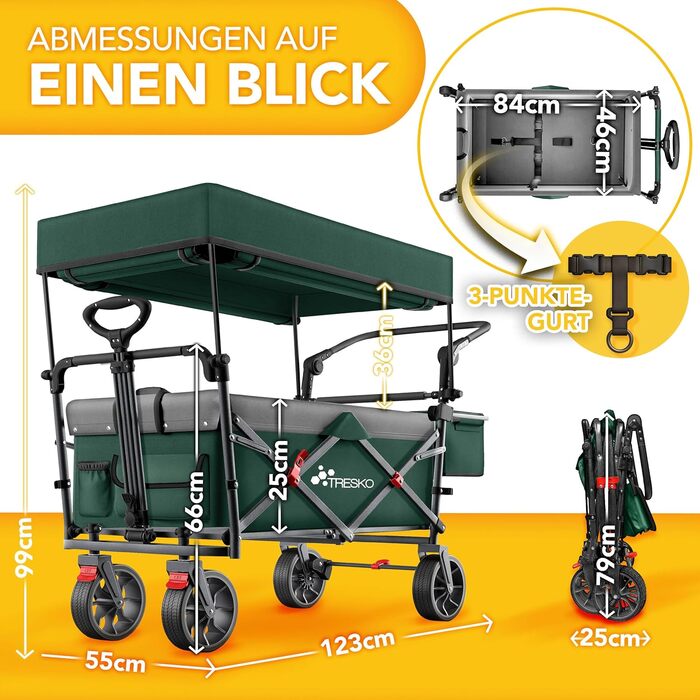 TRESKO® Вагончик-візок складний з дахом, кишеньою-холодильником та бічними шторками | Ручний візок, вантажопідйомність до 150 кг | Візок для перевезення з повного гумового покриття та гальмами (передні та задні) та 3-точкова система ременів безпеки (зелен