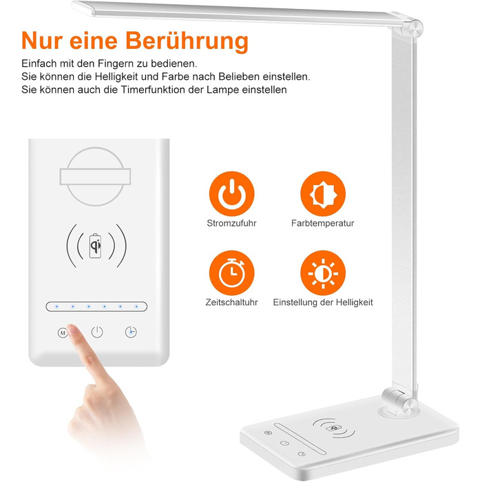 LED настільна лампа Weareok з регулюванням яскравості, захистом для очей, бездротовою зарядкою Qi та USB-портом, білий колір