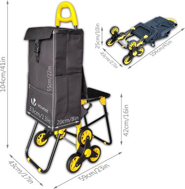 VOUNOT Shopping Cart with Stairs Climber, Cooler Compartment & Folding Seat - 3-Wheel Folding Grocery Cart (40L)