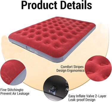 Надувне ліжко Icelus Doppel 204x153x23 см з насосом. Ліжко для кемпінгу, подорожей та дому. Червоне надувне ліжко з насосом