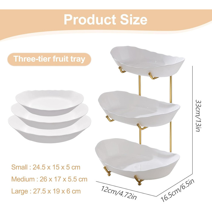 Стійка для фруктів та овочів JurciCat з 3 ярусами, золотий металевий каркас, білі пластикові миски