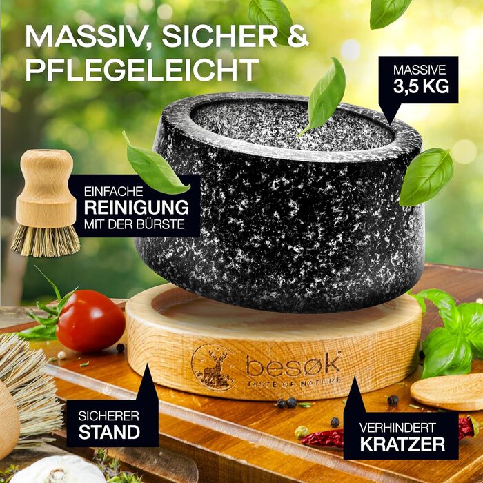 Гранітний млинок для спецій з товкачем, щіткою, рецептами та дерев'яною підставкою - 350 мл