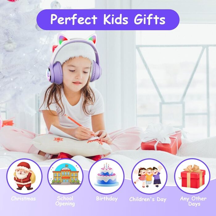 Дитячі навушники AXFEE з Bluetooth, котячі вушка, LED-підсвічування, Over-Ear, бездротові, з мікрофоном, Micro SD/TF, для телефону/планшета/ПК (#02 фіолетовий v5.3)