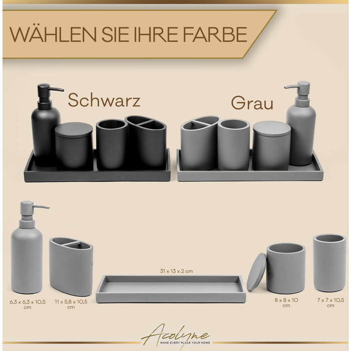 Набір аксесуарів для ванної кімнати Acolyne® Premium (5 шт.) з високоякісного гірського воску | Набір дозаторів для мила, органайзер для ванної кімнати, стакан для зубної пасти | Сірий колір