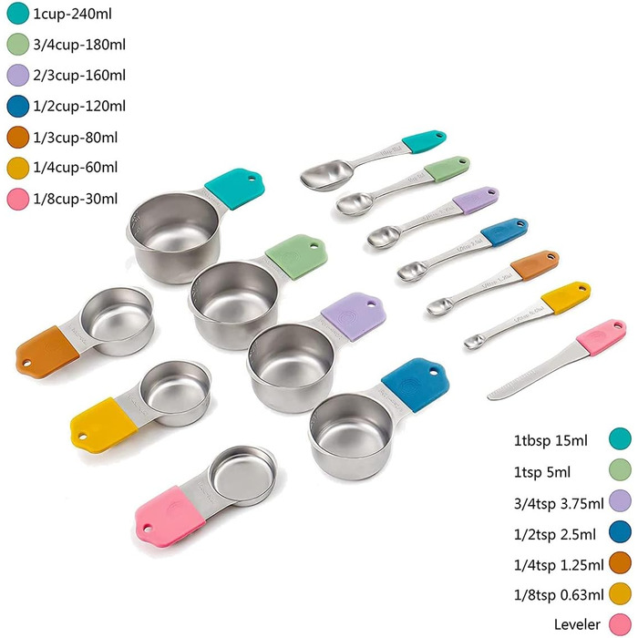 Tassety Measuring Cup and Spoon Set, 14-piece, including 13 stainless steel measuring spoons and cups, and 1 leveling tool, for cooking and baking