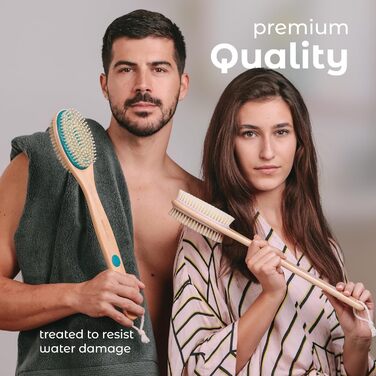 Скребок для спини MainBasics для душу - довга ручка, двостороння щітка для миття та скрабу тіла з пілінгом та м'якими щетинками (Лаванда, Дерево)