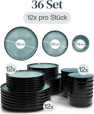 Набір посуду з каменю 12 осіб Ibiza 36 предметів, Переможець тесту, Набір посуду Pure Living Petrol 36 предметів, для 12 осіб