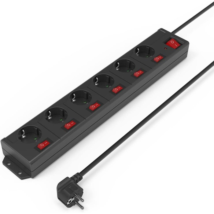 Розподільник розеток Hama з індивідуальним керуванням, захистом від перенапруги, 6 розеток, поворот на 90°, чорний, 1.4м кабель
