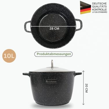 Каструля Goldmann 28 см з алюмінію з нержавіючою сталлю (10 л) з силіконовими ручками, антипригарне покриття з мармурової кераміки та скляною кришкою