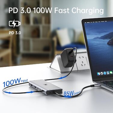 Док-станція USB-C 13-в-1 для ноутбука: 2 HDMI, DisplayPort, 100W PD, SD/TF, Ethernet, Audio/Mic (сірий)